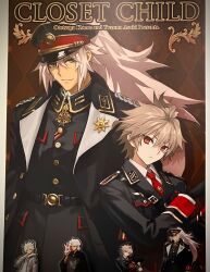  2boys black_coat black_hat coat epaulettes fate/apocrypha fate/grand_order fate_(series) gloves hat highres konoe_ototsugu long_hair medal military_uniform multiple_boys necktie peaked_cap red_eyes red_necktie serious short_hair sieg_(fate) siegfried_(fate) smile white_gloves white_hair 