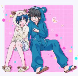  1boy 1girl animal_costume animal_hood animal_slippers bear_costume bear_hood black_hair blue_eyes blue_hair blue_hoodie blue_pants braid brown_eyes commentary_request crescent full_body grid_background hand_up highres hood hoodie mio_(melchi) open_mouth pants pink_background ranma_1/2 sandals saotome_ranma sheep_costume sheep_hood short_hair shorts single_braid slippers star_(symbol) tendou_akane v-shaped_eyebrows white_shorts 