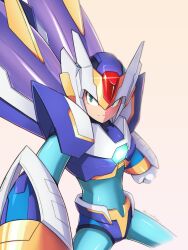  1boy armor blue_armor blue_helmet clenched_hand cowboy_shot forehead_jewel green_eyes helmet highres male_focus mega_man_(series) mega_man_x_(series) simple_background solo surrealmason white_armor white_background white_helmet x_(mega_man) 