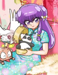  1boy 1girl bamboo_steamer bird blue_dress chinese_clothes coke-bottle_glasses commentary_request dress duck floral_print glasses hair_ornament happosai looking_at_viewer mousse_(duck)_(ranma_1/2) old old_man panda purple_hair ranma_1/2 saotome_genma_(panda) shampoo_(ranma_1/2) sitting smile sparkle violet_eyes wanta_(futoshi) 