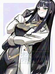  1girl black_bodysuit black_hair bodysuit breasts cesara_(project_moon) closed_mouth coat commentary_request green_eyes hime_cut lab_coat large_breasts limbus_company long_hair looking_at_viewer medu_(rubish) neon_trim p_corp_uniform project_moon simple_background skin_tight smile solo turtleneck turtleneck_bodysuit upper_body white_coat 