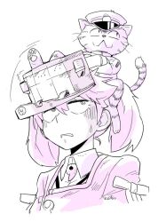  1girl admiral_(kancolle) cat commentary_request ikusotsu japanese_clothes kantai_collection kariginu magatama non-human_admiral_(kancolle) on_head pink_theme ribbon-trimmed_sleeves ribbon_trim ryuujou_(kancolle) signature sweatdrop twintails visor_cap 