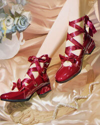  1girl absurdres block_heels blue_flower blue_rose bow commentary english_commentary feet feet_only flower foot_focus footwear_bow footwear_ribbon highres meepisblue original photo-referenced red_bow red_ribbon red_shoes ribbon rose shoes solo vase 