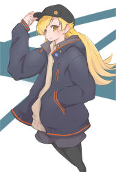  1girl black_hat black_jacket blonde_hair bunoshii commentary_request earrings hat highres jacket jewelry long_hair long_sleeves looking_at_viewer monogatari_(series) oshino_shinobu simple_background solo vampire yellow_eyes 