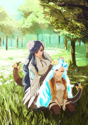  2girls absurdres adjusting_another's_hair blue_hair bow dizzy_(guilty_gear) glowing glowing_hair grass guilty_gear guilty_gear_strive highres katohisui long_hair mother_and_daughter multiple_girls on_ground queen_dizzy red_eyes sitting smile sunlight tail tail_bow tail_ornament thigh-highs tree unika_(guilty_gear) very_long_hair 