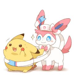 animal_focus blue_eyes blue_sclera bow closed_mouth colored_sclera commentary_request fat_pikachu hat highres mimix nervous_sweating no_humans nurse_cap open_mouth pikachu pink_fur pokemon pokemon_(creature) pokemon_focus ribbon simple_background smile sweat sylveon two-tone_fur white_fur 