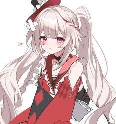  1girl angry annoyed braid clothing_cutout commentary_request diamond_(shape) diamond_facial_mark diamond_on_cheek facial_mark frown hat hat_ornament heart heart_facial_mark honkai:_star_rail honkai_(series) kiki-yu long_hair looking_at_viewer mark_under_both_eyes mini_hat mini_top_hat multicolored_hair pink_eyes rabbit_hat_ornament shoulder_cutout simple_background solo sparkle_(honkai:_star_rail) sparxie_(honkai:_star_rail) squiggle top_hat twintails white_background white_hair 