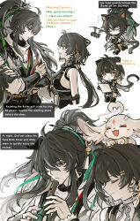  1boy 1girl abby_(wuthering_waves) akiko54124 alternate_language arm_armor bare_shoulders black_hair breasts cloak closed_eyes closed_mouth commentary english_commentary english_text female_rover_(wuthering_waves) flute grey_eyes highres holding holding_flute holding_instrument instrument long_hair low_ponytail medium_breasts open_mouth ponytail qiuyuan_(wuthering_waves) rover_(wuthering_waves) smile white_cloak wuthering_waves yellow_eyes 