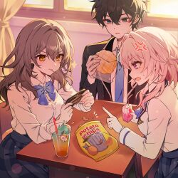  1boy 2girls absurdres anger_vein black_hair black_jacket blazer blue_bow blue_bowtie blue_eyes blue_necktie bow bowtie breasts cellphone chair chips_(food) classroom collared_shirt commentary_request cup dan_heng_(honkai:_star_rail) desk disposable_cup drink_carton drinking_straw elbow_rest food food_in_mouth graphia_academy_school_uniform grey_hair grey_skirt hair_between_eyes hair_intakes highres holding holding_food holding_juice_box holding_phone honkai:_star_rail honkai_(series) index_finger_raised indoors jacket juice_box kheng_(k_heng1223) lollipop_in_mouth long_hair long_sleeves looking_at_another looking_at_phone march_7th_(honkai:_star_rail) medium_breasts medium_hair multicolored_eyes multiple_girls necktie official_alternate_costume open_mouth phone pink_eyes pink_hair potato_chips school_chair school_desk school_uniform shirt short_hair sitting skirt smartphone snack_bag stelle_(honkai:_star_rail) sunlight trailblazer_(honkai:_star_rail) two-tone_eyes white_jacket white_shirt window yellow_eyes 