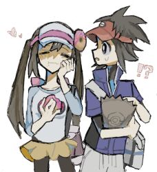  ! !? ? bag black_pants blue_vest doughnut food hair_tie hat heart kusahukurou long_hair looking_at_another miniskirt nate_(pokemon) pants pantyhose pokemon pokemon_bw2 raglan_sleeves rosa_(pokemon) skirt sweatdrop vest visor_cap wavy_mouth 