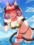  1girl ;d animal_ears belly bikini blush braid breasts cat_ears cleavage extra_ears hair_ribbon highres kaenbyou_rin large_breasts leaning_forward long_hair looking_at_viewer midriff multiple_tails navel one_eye_closed open_mouth papo partially_submerged paw_pose pointy_ears red_eyes redhead ribbon side-tie_bikini sky smile solo standing swimsuit tail tongue touhou twin_braids two_tails water wet wrist_cuffs 