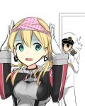 1boy 1girl admiral_(kantai_collection) anchor_hair_ornament blonde_hair caught cellphone empty_eyes faceless faceless_male gloves green_eyes hat highres iron_cross kantai_collection long_sleeves max_melon_teitoku military military_uniform naval_uniform object_on_head panties panties_on_head peaked_cap phone pink_panties polka_dot polka_dot_panties prinz_eugen_(kantai_collection) smartphone taking_picture turn_pale twintails underwear uniform white_gloves 