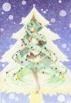  1girl absurdly_long_hair absurdres boots christmas christmas_ornaments christmas_tree closed_eyes color_ink_(medium) colored_pencil_(medium) graphite_(medium) green_hair hand_on_own_chest hat hatsune_miku highres long_hair necktie skirt snow solo star thigh-highs thigh_boots traditional_media twintails very_long_hair vocaloid 