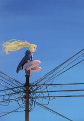  1girl absurdres between_legs black_shirt blonde_hair blue_shoes blue_sky cable diky from_behind full_body grey_shorts hand_between_legs highres hood hood_down hoodie light_smile long_hair looking_ahead on_top_of_pole original outdoors ponytail shirt shoes shorts sky sneakers solo squatting tiptoes 