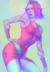  1girl belt blue_belt breasts covered_navel dress fishnets genderswap genderswap_(mtf) hand_on_own_hip hat highres jojo_no_kimyou_na_bouken looking_at_viewer makeup medium_breasts narciso_anasui official_alternate_design pink_dress pink_eyes pink_hair pink_lips prof_pega purple_hat short_hair solo stone_ocean thigh-highs white_thighhighs 