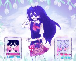  1girl 2boys basil_(headspace)_(omori) basil_(omori) black_eyes black_hair black_tank_top blush bright_pupils brother_and_sister closed_mouth collared_shirt colored_skin commentary double-parted_bangs english_commentary expressionless flower flower_wreath hair_between_eyes head_wreath holding_picnic_basket long_hair looking_at_viewer mari_(headspace)_(omori) mari_(omori) multiple_boys neckerchief nl_000m omori omori_(omori) open_mouth parted_lips picnic_basket pleated_skirt purple_hair purple_sweater_vest red_neckerchief red_skirt shirt short_hair short_sleeves siblings skirt smile sweater_vest tank_top tulip violet_eyes white_flower white_pupils white_skin white_tulip 