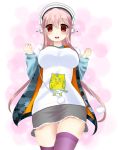  1girl blush breasts headphones large_breasts long_hair looking_at_viewer nitroplus open_mouth pink_hair red_eyes skindentation smile solo super_sonico thigh-highs 