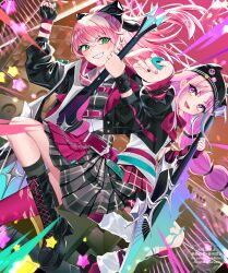  22_zefar 2girls :d absurdres aikawa_megumi aikawa_megumi_(special_night_girls_jam) animal_ear_headwear beanie belt black_boots black_bow black_gloves black_hat black_jacket black_nails black_skirt boots bow bowtie braid collared_shirt colored_eyelashes commentary downturned_eyes dutch_angle english_commentary eyelashes eyes_visible_through_hair feet_out_of_frame fingerless_gloves floating_hair gloves green_eyes grin guitar hair_between_eyes hair_bow hands_up hat heaven_burns_red highres holding holding_guitar holding_instrument holding_plectrum instrument jacket knee_up kunimi_tama kunimi_tama_(special_night_girls_jam) lace-up_boots long_hair long_sleeves looking_at_viewer multicolored_nails multiple_girls nail_polish official_alternate_costume official_alternate_hairstyle open_clothes open_jacket open_mouth pink_belt pink_eyes pink_hair pink_nails plaid_clothes plaid_skirt pleated_skirt plectrum ponytail red_bow red_bowtie red_skirt shirt sidelocks single_glove skirt smile speaker star_(symbol) teeth tsurime twin_braids upper_teeth_only upturned_eyes v-shaped_eyebrows very_long_hair watermark white_shirt 