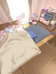  1girl bed bedroom blue_shirt blush bottle brown_eyes brown_hair colored_tips commentary_request electric_fan highres ishii_(isuwie) lying medium_hair multicolored_hair on_bed original shirt short_hair speech_bubble translation_request water_bottle 