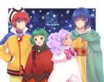  2boys 2girls blue_eyes blue_hair bow brown_eyes coat farah_oersted frills green_hair hat keele_zeibel meredy miyato000 multiple_boys multiple_girls payot ponytail purple_hair redhead ribbon rid_hershel shawl short_hair snow snowflakes tales_of_(series) tales_of_eternia tan twintails violet_eyes 