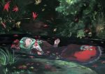  1girl autumn_leaves bow closed_eyes dress forest front_ponytail green_hair hair_bow ichiba_youichi kagiyama_hina nature open_mouth ophelia_(painting) partially_submerged red_dress solo touhou water 