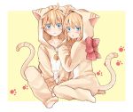  1boy 1girl animal_costume animal_ears bell blonde_hair blue_eyes bow brother_and_sister cat_costume cat_ears cat_tail hair_ornament hairclip hood kagamine_len kagamine_rin looking_at_viewer momomochi short_hair siblings tail vocaloid yellow_background 