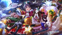  1girl :d alligator animal animal_on_head bird black_boots black_gloves black_hair blue_eyes boots box card_commentary cat chipmunk christmas commentary_request crocodilian dog fang floating_hair flying flying_squirrel full_moon fur-trimmed_jacket fur_trim game_cg ganaha_hibiki gift gift_box gingerbread_man gloves hamster hamuzou holding holding_animal holding_cat idolmaster idolmaster_(classic) idolmaster_million_live! idolmaster_million_live!_theater_days inumi jacket long_hair long_sleeves looking_at_another moon night official_art on_head open_mouth outdoors parrot pig ponytail rabbit red_jacket sleigh smile snake snowflakes squirrel third-party_source 