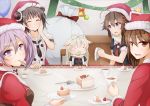  5girls :d ahoge anti_(untea9) balloon black_hair blonde_hair blue_eyes braid brown_hair cake chibi christmas cup decorations double_bun eating food fork hair_bun hair_flaps handkerchief hat kantai_collection long_hair multiple_girls naka_(kantai_collection) neckerchief necktie open_mouth orange_eyes plate purple_hair ryuujou_(kantai_collection) sack santa_costume santa_hat sazanami_(kantai_collection) scarf school_uniform serafuku shigure_(kantai_collection) short_hair single_braid smile strawberry_shortcake sweatdrop tea teacup violet_eyes yuudachi_(kantai_collection) 