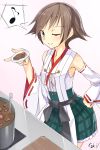  1girl artist_name bare_shoulders black_eyes brown_eyes brown_hair cooking cooking_pot detached_sleeves frilled_skirt frills green_skirt hand_on_hip hiei_(kantai_collection) highres kantai_collection looking_at_viewer musical_note no_headwear nontraditional_miko one_eye_closed plaid plaid_skirt pleated_skirt ribbon-trimmed_sleeves ribbon_trim short_hair skirt smile solo spoken_musical_note toki/ 