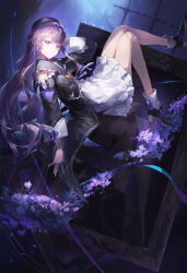  1girl beret black_hat black_jacket black_shoes closed_mouth clothing_cutout commentary cotta_(heleif) doll_joints dress floating hat herta_(honkai:_star_rail) herta_(puppet)_(honkai:_star_rail) high_heels highres honkai:_star_rail honkai_(series) jacket joints long_hair looking_at_viewer picture_frame purple_hair shoes shoulder_cutout solo violet_eyes white_dress 