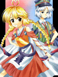  2000s_(style) 2others adoptive_siblings androgynous anime_coloring antenna_hair arm_ribbon badge bare_shoulders belt black_belt black_border black_cape black_hat blonde_hair blue_background blunt_bangs border bow bow_(weapon) braid brooch cape closed_mouth collared_shirt commentary_request cowboy_shot detached_sleeves dot_nose dress expressionless faux_retro_artstyle fujiwara_no_shirogane_no_sanra gold_medal gradient_background green_dress green_hat grey_eyes grey_hair hair_bow hakama hakama_short_skirt hakama_skirt happy hat heart heart_antenna_hair heart_in_eye highres holding holding_behind_back holding_bow_(weapon) holding_weapon holding_weapon_behind_back japanese_clothes jewelry kimono kurokoge_karubi len'en light_frown long_hair looking_at_viewer low_twin_braids military_hat military_uniform multiple_others neck_ribbon ooama_no_ake_no_mitori open_mouth other_focus outside_border pagoda parted_bangs peaked_cap pillarboxed print_headwear print_tabard red_background red_bow red_hakama red_kimono red_ribbon red_sleeves ribbon shirt shirt_under_dress short_hair short_sleeves skirt sleeveless sleeveless_kimono smile standing star_(symbol) symbol_in_eye tabard tareme tsurime twin_braids two-tone_background two-tone_headwear very_long_hair weapon white_cape white_shirt white_tabard wing_print yellow_eyes yin_yang yin_yang_print 