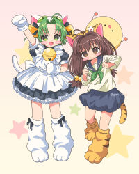  2girls :d absurdres ahoge animal_ears animal_hat apron arm_up bell black_bow black_dress blue_sailor_collar blue_skirt blush_stickers boots bow brown_eyes brown_hair cat_ears cat_girl cat_hat cat_tail clenched_hand clenched_hands closed_mouth commentary_request dejiko di_gi_charat dot_nose dress fang footwear_bow frilled_dress frills full_body gema gradient_background green_eyes green_hair green_neckerchief guriming hair_intakes hat highres korean_commentary long_hair long_sleeves looking_at_viewer maid multiple_girls neck_bell neckerchief open_mouth parted_bangs paw_shoes pink_background puchiko sailor_collar school_uniform serafuku shirt short_hair short_sleeves skirt smile standing star_(symbol) tail twintails twitter_username white_apron white_boots white_hat white_shirt yellow_boots 