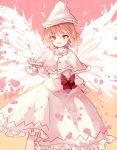  1girl blonde_hair capelet dress fairy fairy_wings hat lily_white long_sleeves open_mouth petals pink_eyes sash smile solo touhou uranaishi_(miraura) white_dress wings 