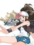  1girl baseball_cap blue_eyes brown_hair denim denim_shorts hainchu hat high_ponytail long_hair open_mouth outstretched_arm pokemon pokemon_(creature) pokemon_(game) pokemon_bw samurott shorts sleeveless sleeveless_shirt touko_(pokemon) vest white_legwear wristband 