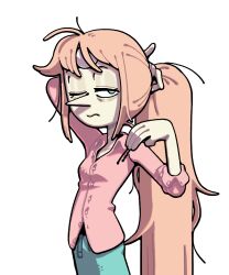  1girl alternate_costume alternate_hair_length alternate_hairstyle bags_under_eyes bobby_pin casual closed_mouth collared_shirt discount-supervillain forehead_jewel gem_(steven_universe) messy_hair one_eye_closed pale_skin pants pearl_(steven_universe) pointy_nose ponytail shirt sleepy steven_universe sweatpants transparent_background 