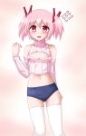 1girl cleavage_cutout detached_sleeves flying_sweatdrops hayashiya_zankurou kaname_madoka looking_at_viewer mahou_shoujo_madoka_magica open-chest_sweater open_mouth pink_eyes pink_hair ribbed_sweater smile solo sweater thigh-highs turtleneck twintails white_legwear 