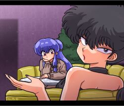  2girls black_bow black_hair bow commentary_request hair_bow kunou_kodachi long_hair looking_at_viewer looking_back multiple_girls purple_hair ranma_1/2 shampoo_(ranma_1/2) sidelocks signature sitting table violet_eyes wanta_(futoshi) 