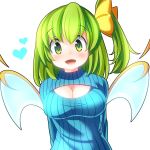  1girl alternate_costume arms_behind_back blush bow breasts cleavage cleavage_cutout commentary daiyousei fairy_wings green_eyes green_hair hair_bow heart large_breasts long_sleeves oimo_(imoyoukan) open-chest_sweater open_mouth ribbed_sweater side_ponytail smile solo sweater touhou turtleneck wings 