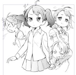  1girl ahoge clenched_hand commentary_request greyscale ikusotsu japanese_clothes kantai_collection kariginu magatama miniskirt monochrome pleated_skirt ribbon-trimmed_sleeves ribbon_trim ryuujou_(kancolle) signature skirt smile sparkle twintails 