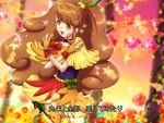  1girl autumn brown_hair crossed_arms cure_maple_(galibo) earrings fingerless_gloves galibo gloves green_eyes jewelry kano_momiji_(galibo) leaf long_hair magical_girl original payot precure skirt smile solo thigh-highs yellow_skirt 