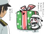  1boy 2girls admiral_(kantai_collection) black_hair blush_stickers collar commentary gift gomasamune hat horn kantai_collection long_hair mittens multiple_girls nightcap northern_ocean_hime pale_skin peaked_cap red_eyes seaport_hime short_hair sketch translated white_hair 