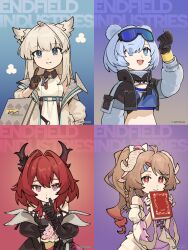  4girls animal_ears ardelia_(arknights) arknights arknights:_endfield aurora_(arknights) bare_shoulders bear_ears bear_girl bird_ears bird_girl black_gloves blue_eyes blue_hair book chinese_commentary commentary_request crop_top deformed demon_horns demon_tail detached_sleeves eyjafjalla_(arknights) favilia gloves hair_between_eyes high_ponytail highres holding holding_book horns laevatain_(arknights) long_hair long_sidelocks looking_at_viewer medium_hair multiple_girls open_mouth perlica_(arknights) pointy_ears ponytail red_eyes red_hair sheep_girl sheep_horns sidelocks snowshine_(arknights) surtr_(arknights) tail upper_body violet_eyes 
