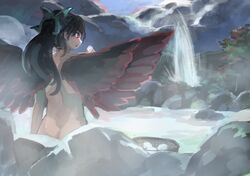  1girl back basket bathing bird_wings black_hair bow egg hair_bow ichiba_youichi nude onsen ponytail red_eyes reiuji_utsuho rock solo touhou water waterfall 