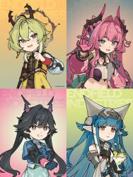  1boy 3girls arknights arknights:_endfield bare_shoulders black_hair blue_eyes blue_hair blunt_bangs chen_qianyu_(arknights) chinese_commentary commentary_request deformed demon_boy demon_horns demon_tail dragon_girl dragon_horns favilia green_hair hair_intakes highres horns last_rite_(arknights) lifeng_(arknights) long_hair long_sidelocks looking_at_viewer low_twintails medium_hair multicolored_hair multiple_girls pink_hair pointy_ears sidelocks streaked_hair tail twintails upper_body violet_eyes yvonne_(arknights) 