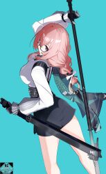  1girl absurdres black_gloves black_skirt blue_background breasts closed_mouth commentary cow cowboy_shot glasses gloves hair_between_eyes high-waist_skirt highres holding holding_polearm holding_weapon large_breasts long_sleeves naginata pencil_skirt pink_eyes pink_hair polearm ring_hair_ornament shirt skirt solo tsukishiro_yanagi weapon white_shirt zenless_zone_zero zeroartwo 