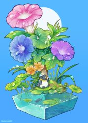  absurdres animal artist_name bird blue_background blue_flower commentary_request dew_drop diorama fish flower flower_request hebaroda03 highres lily_pad no_humans orange_flower original oversized_flower penguin pink_flower purple_flower simple_background sitting water water_drop 
