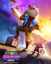  animal_ears arwing bandana black_gloves boots box cardboard_box closed_mouth commentary crate drone english_commentary flag fox_boy fox_ears fox_mccloud fox_tail furry furry_male gloves green_pants green_visor highres jacket monkey movie_poster_(medium) official_art open_clothes open_jacket pants promotional_art red_bandana robot sleeveless sleeveless_jacket smile space star_fox super_mario_bros. tail the_super_mario_galaxy_movie ukiki white_jacket 