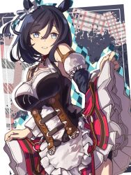  1girl animal_ears apron black_hair blue_eyes breasts clothes_lift commentary_request eishin_flash_(meisterschaft)_(umamusume) eishin_flash_(umamusume) frilled_apron frills hair_between_eyes highres horse_ears horse_girl looking_at_viewer skirt skirt_lift solo t_mikuta_atukim umamusume white_apron 