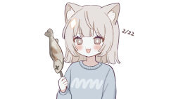  1girl :3 :d animal_ear_fluff animal_ears blue_sweater blush brown_eyes cat_day cat_ears commentary dated fish food highres holding holding_food holding_stick looking_at_food medium_hair miwoi open_mouth original sidelocks simple_background smile solo sparkling_eyes stick sweater untranslatable_commentary upper_body white_background white_hair 
