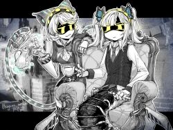  2girls :3 animal_ear_fluff animal_ears black_hairband black_shorts black_sweater_vest black_thighhighs blue_butterfly blunt_bangs bow bowtie breasts brick_wall bug butterfly butterfly_hair_ornament buttons cable_knit cat_ears cat_girl cat_tail closed_mouth collared_shirt commentary cowboy_shot cup english_commentary fewer_digits frilled_sleeves frills frown grey_background grey_bow grey_bowtie grey_jacket grey_necktie grey_tail hair_ornament hairband hand_rest hands_up hayama_megumi highres holding holding_cup holding_pen humanoid_robot index_finger_raised j_(murder_drones) jacket jitome kemonomimi_mode letterboxed long_sleeves looking_at_another looking_at_viewer mechanical_arms mechanical_legs monsterification multiple_girls murder_drones necktie no_nose no_pupils on_throne outline outside_border pen photoshop_(medium) pinstripe_jacket pinstripe_pattern puffy_short_sleeves puffy_sleeves robot shirt short-sleeved_jacket short_hair short_sleeves shorts sidelocks sitting small_breasts snake_girl standing sweater_vest swept_bangs tail teacup teapot telekinesis thigh-highs throne tie_clip twintails twitter_username v-shaped_eyebrows v_(murder_drones) watermark white_hair white_outline yellow_eyes 